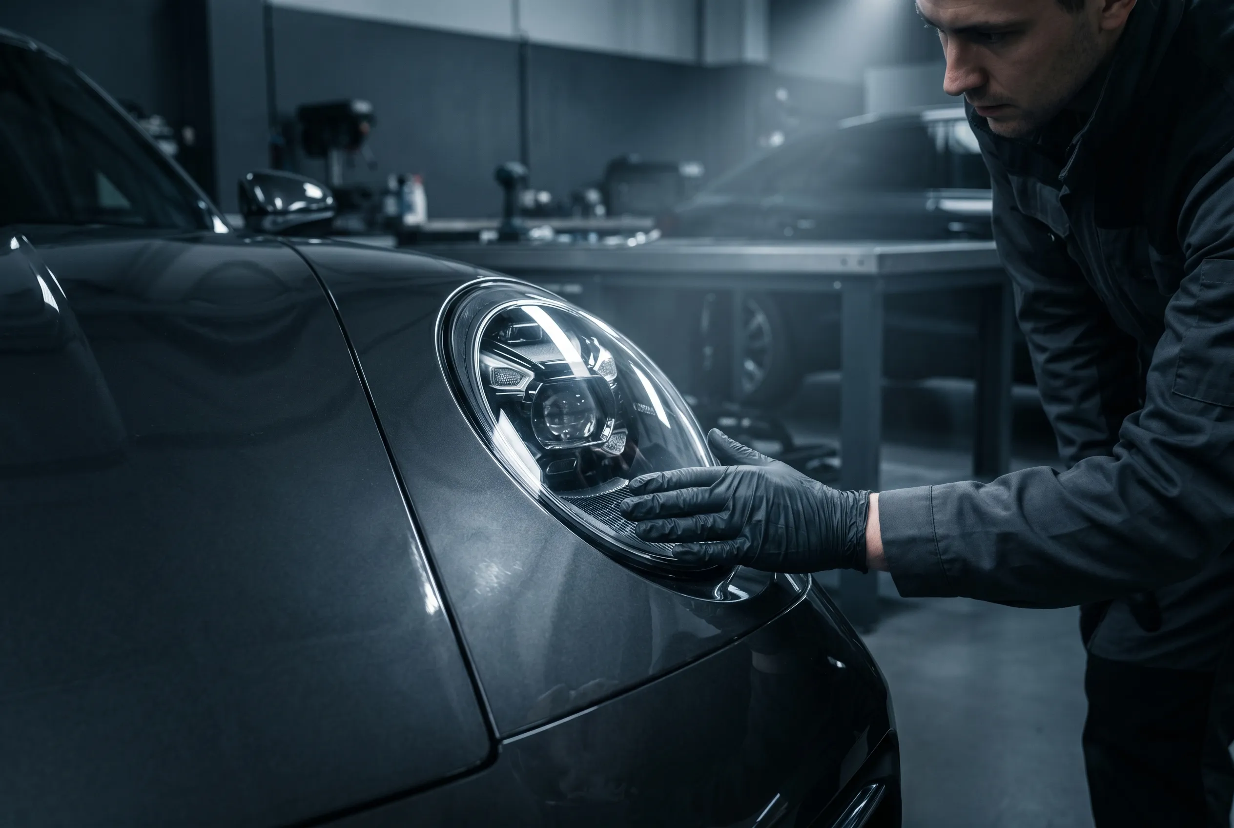 A technician inspecting the paint and lights of a dark premium car